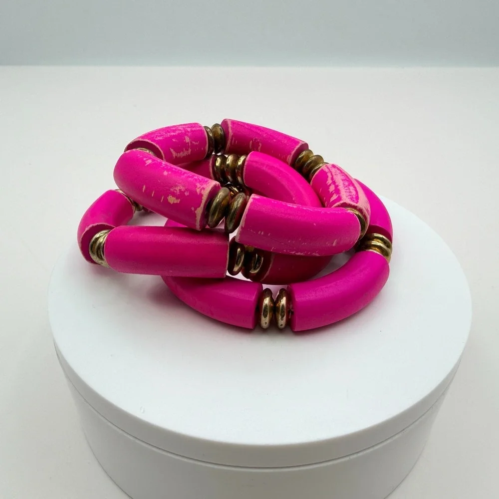 Vintage 90s Hot Pink Tube Beaded‎ Stretch Bracelet Set 3pc Gold Tone Jewelry